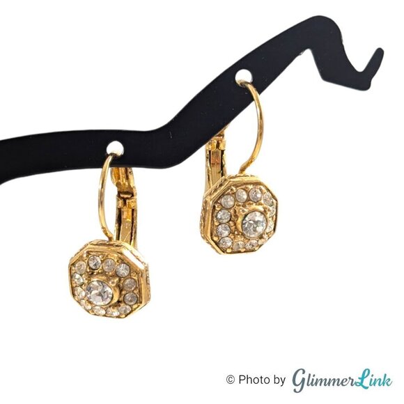Octagonal Clear Rhinestone Leverback Gold Tone Drop Earrings - Picture 2 of 11